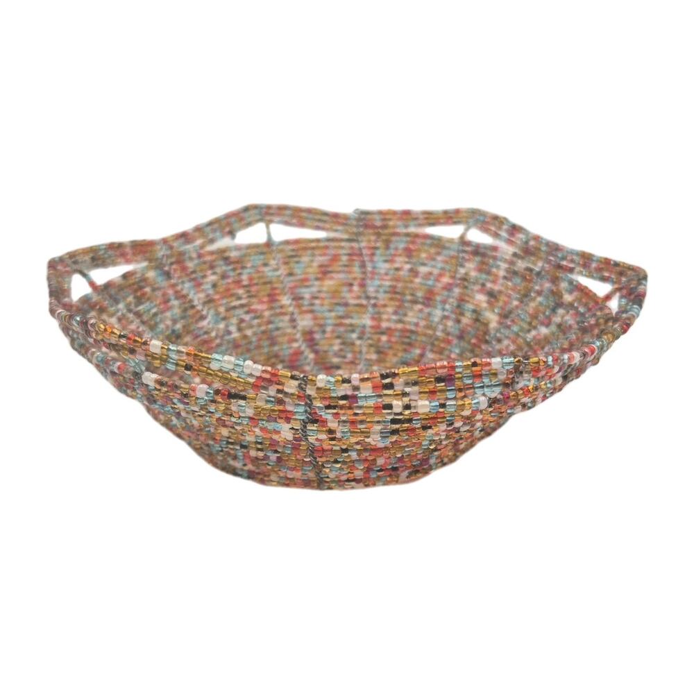 Multicolored Handcrafted Wire Seed Bead Bowl Trinket Basket 6x2"